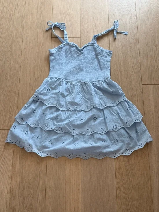 Japna Light Blue Eyelet Tiered Mini Dress XL Smocked Summer Vacation Baby Blue - Picture 2 of 5